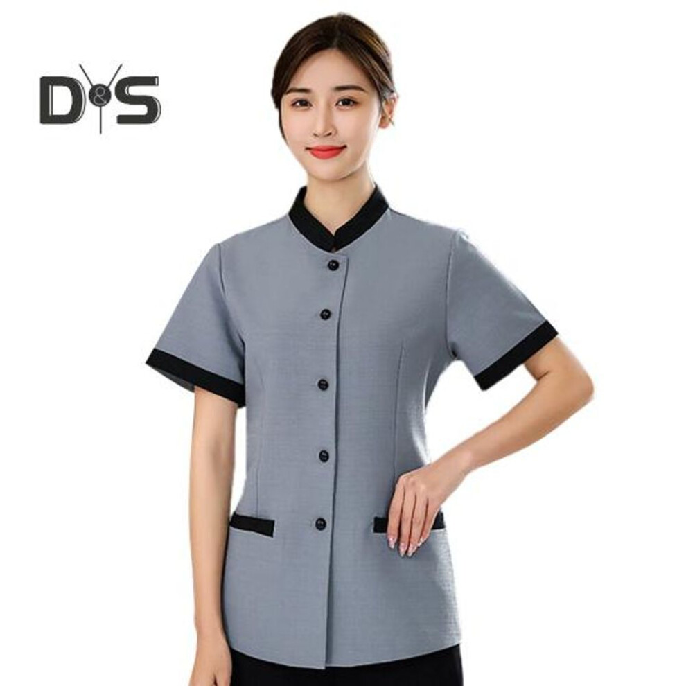 (dark gray, 3XL) Hotel Housekeeping Uniform Women Slim Fit Top Stand Collar Short Sleeve Single Breasted Pockets Work Uniform Tops