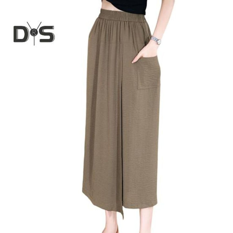 (khaki, XL) Women Summer Pants Elastic High Waist Wide Leg Long Pants Solid Color Slit Cuffs Loose Fit Skirt Pants Daily Wear
