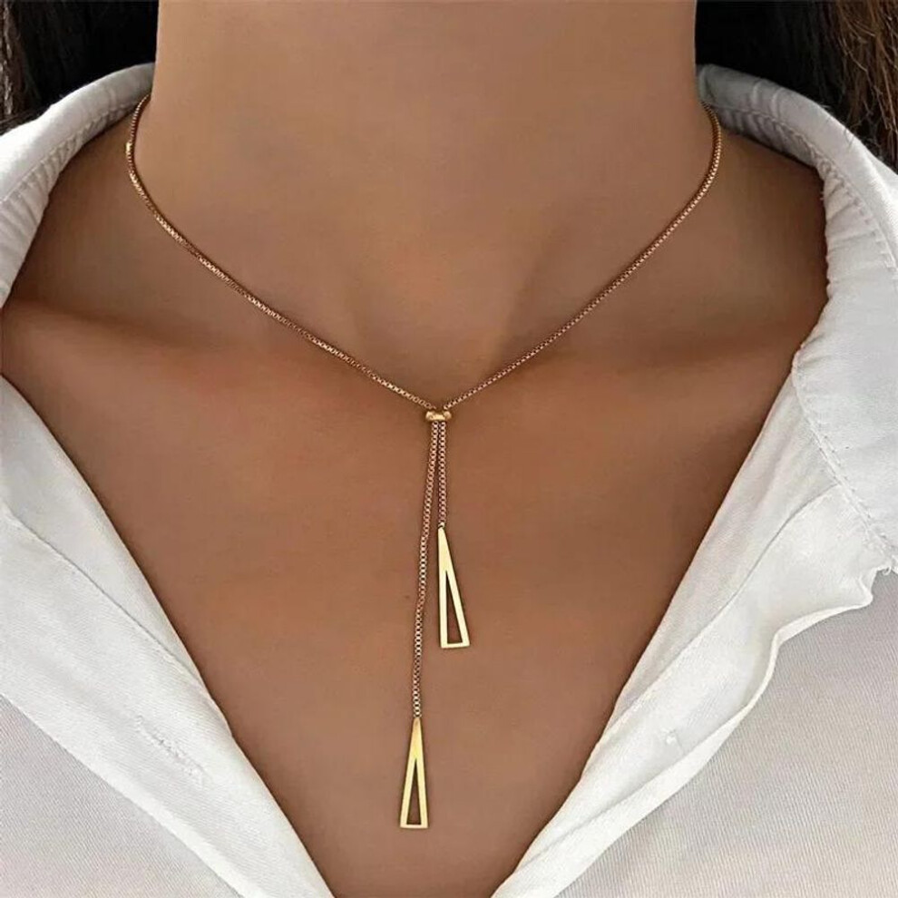(gold) Metal Style Silver Color Triangle Pendant Necklace Fashionable Simple Charm Y Lariat Necklaces For Women Boho Minimalist Jewelry