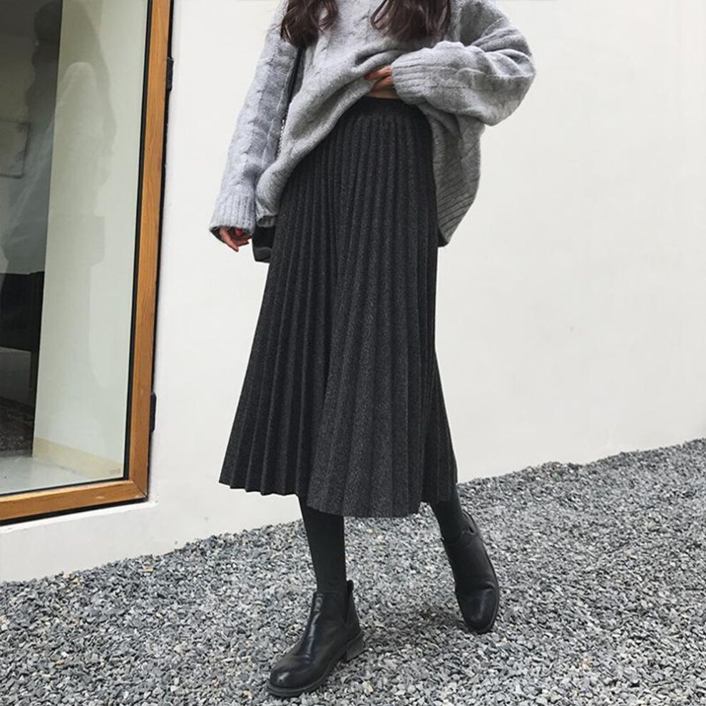 (M, black) Autumn Winter Plus Size Half High Waist Pleated Long Solid Color Woolen Half Skirts