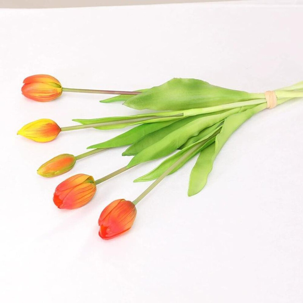 (orange) 5pcs Artificial Flowers Soft Tulip Fake Flower Real Touch Home Garden Table Wedding Decoration Simulation 5-head Tulips Bouquet