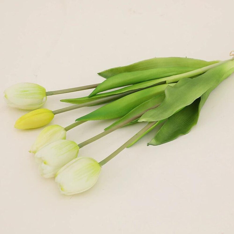 (white) 5pcs Artificial Flowers Soft Tulip Fake Flower Real Touch Home Garden Table Wedding Decoration Simulation 5-head Tulips Bouquet