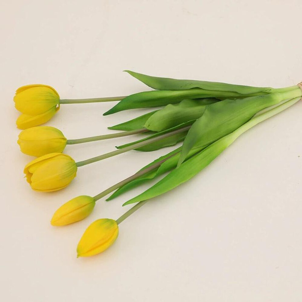 (yellow) 5pcs Artificial Flowers Soft Tulip Fake Flower Real Touch Home Garden Table Wedding Decoration Simulation 5-head Tulips Bouquet