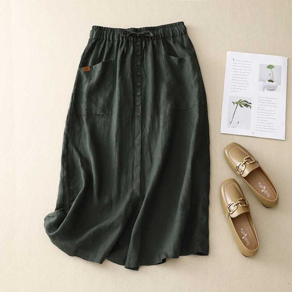 (L, green) Spring Half Version Slimming Artistic Cotton Linen Half Mid Long High-end Versatile Half For Women Skirts