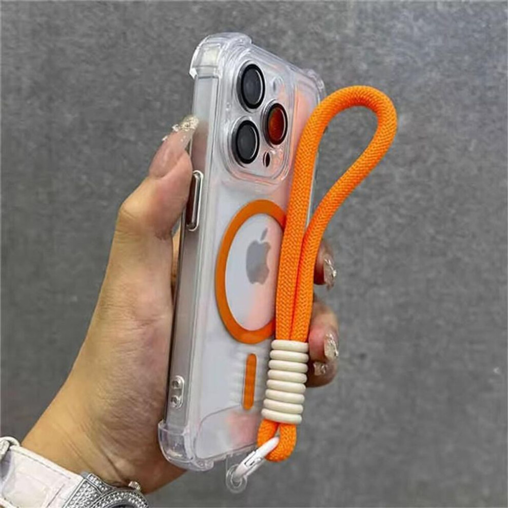 (orange, iPhone 13 Pro) For Magsafe Magnetic Transparent Phone Case for iPhone 16 15 13 Pro Max 12 14 Plus Wrist Strap Camera Protector Shockproof Cover