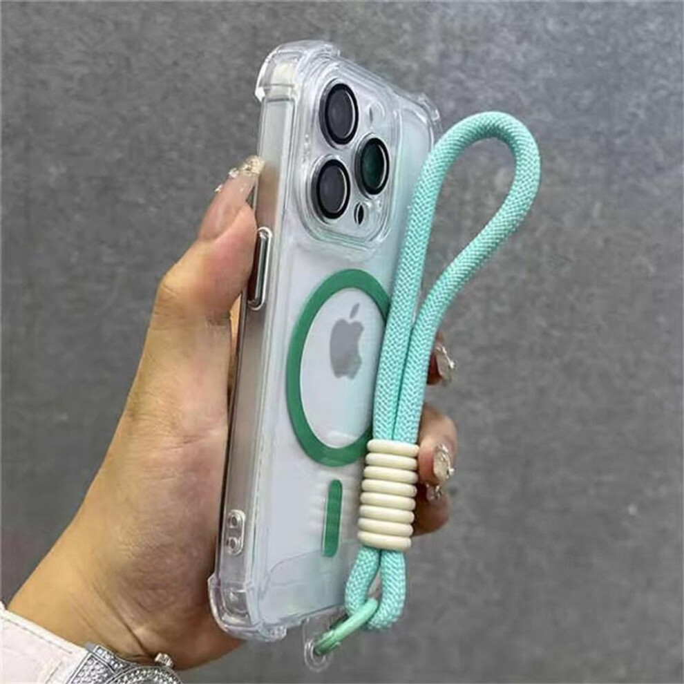 (green, iPhone 13 Pro Max) For Magsafe Magnetic Transparent Phone Case for iPhone 16 15 13 Pro Max 12 14 Plus Wrist Strap Camera Protector Shockproof Cover