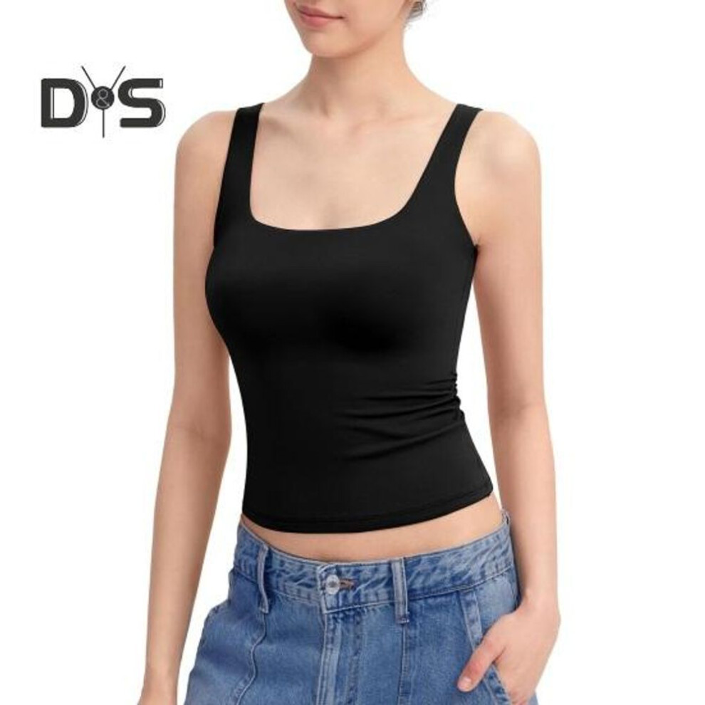 (M, black) Women Sexy Vest Square Neck Sleeveless Tops Solid Color Slim Fit Basic Workout Tank Tops With Wide Shoulder Straps