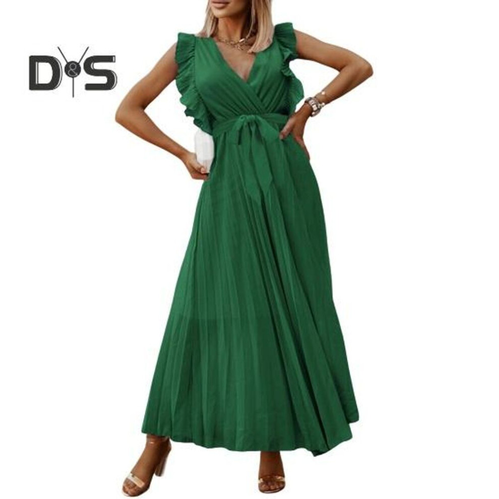 (green, S) Summer Women Dress Ruffle Flying Sleeve Pleated V Neck Solid Color A-line Big Hem Lace-up Slim Waist Dating Shopping Maxi Dress