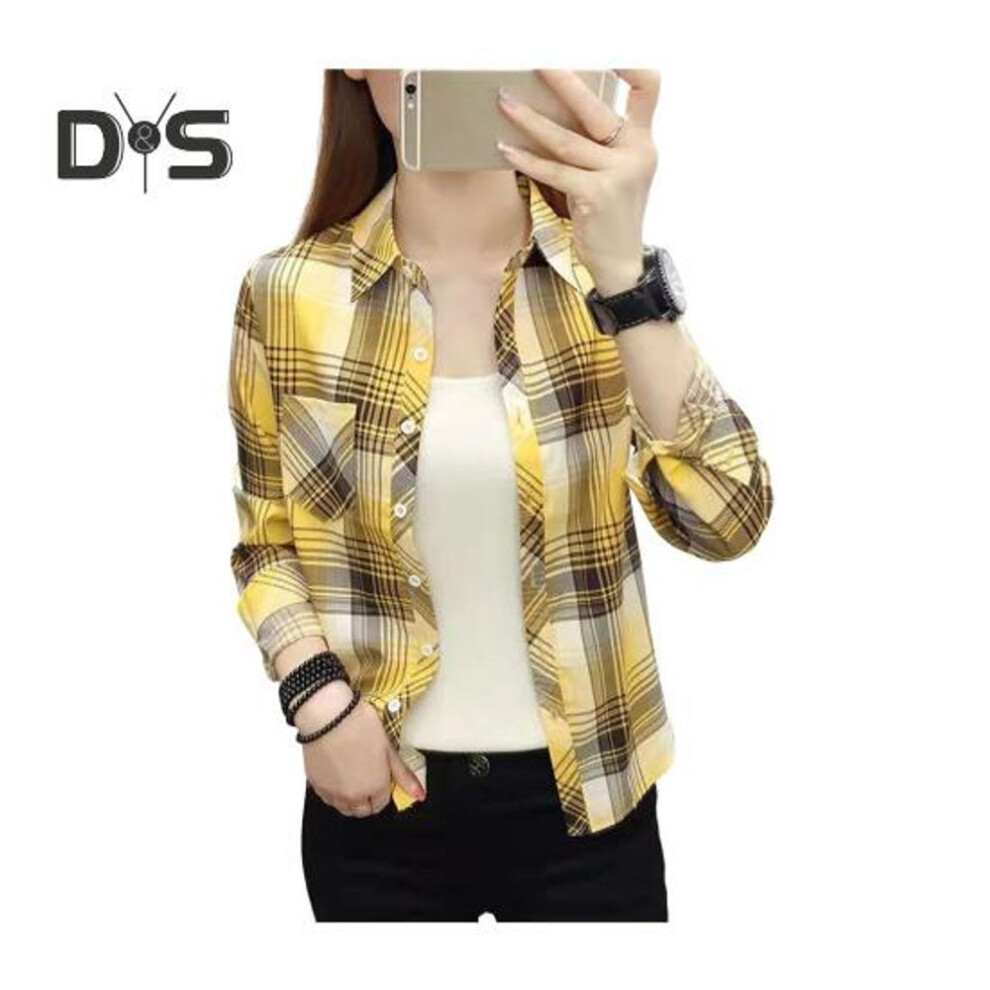 (XL, yellow) Women Shirt Lapel Long Sleeve Single Breasted Shirt Tops Patch Pockets Plaid Print Casual Style Shirt Coat