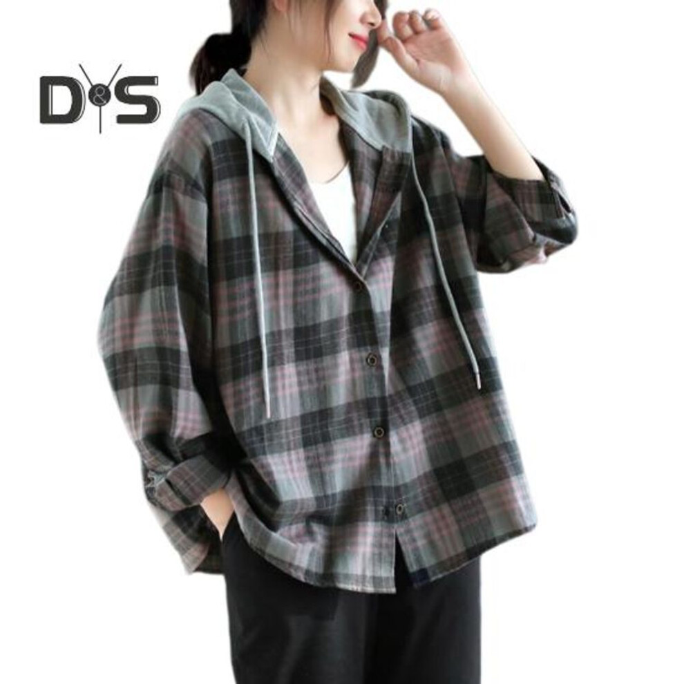 (L, pink) Women Shirt Hooded Drawstring Long Sleeve Plaid Print Patchwork Color Shirt Tops Single Breasted Loose Fit Shirt Coat