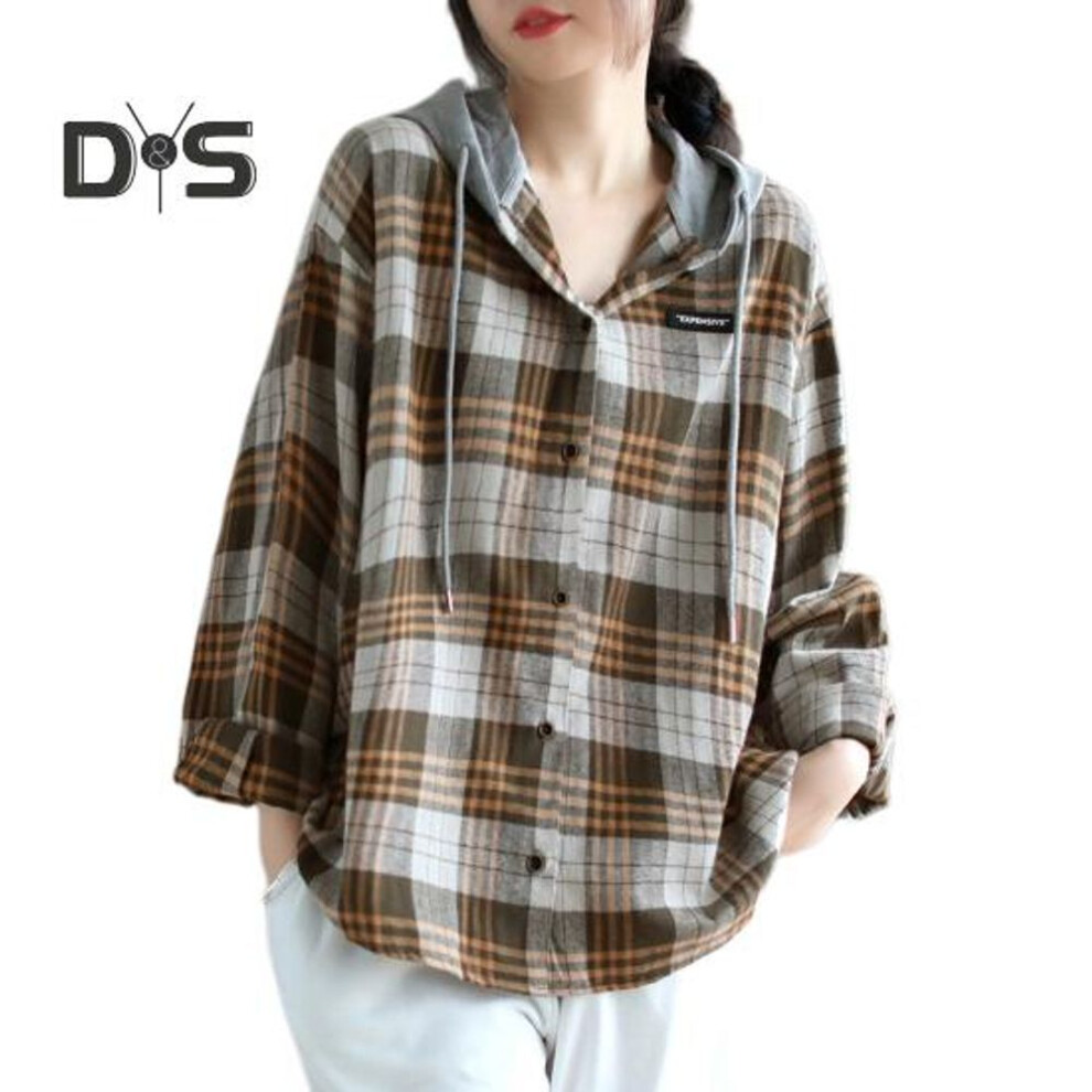 (2XL, khaki) Women Shirt Hooded Drawstring Long Sleeve Plaid Print Patchwork Color Shirt Tops Single Breasted Loose Fit Shirt Coat