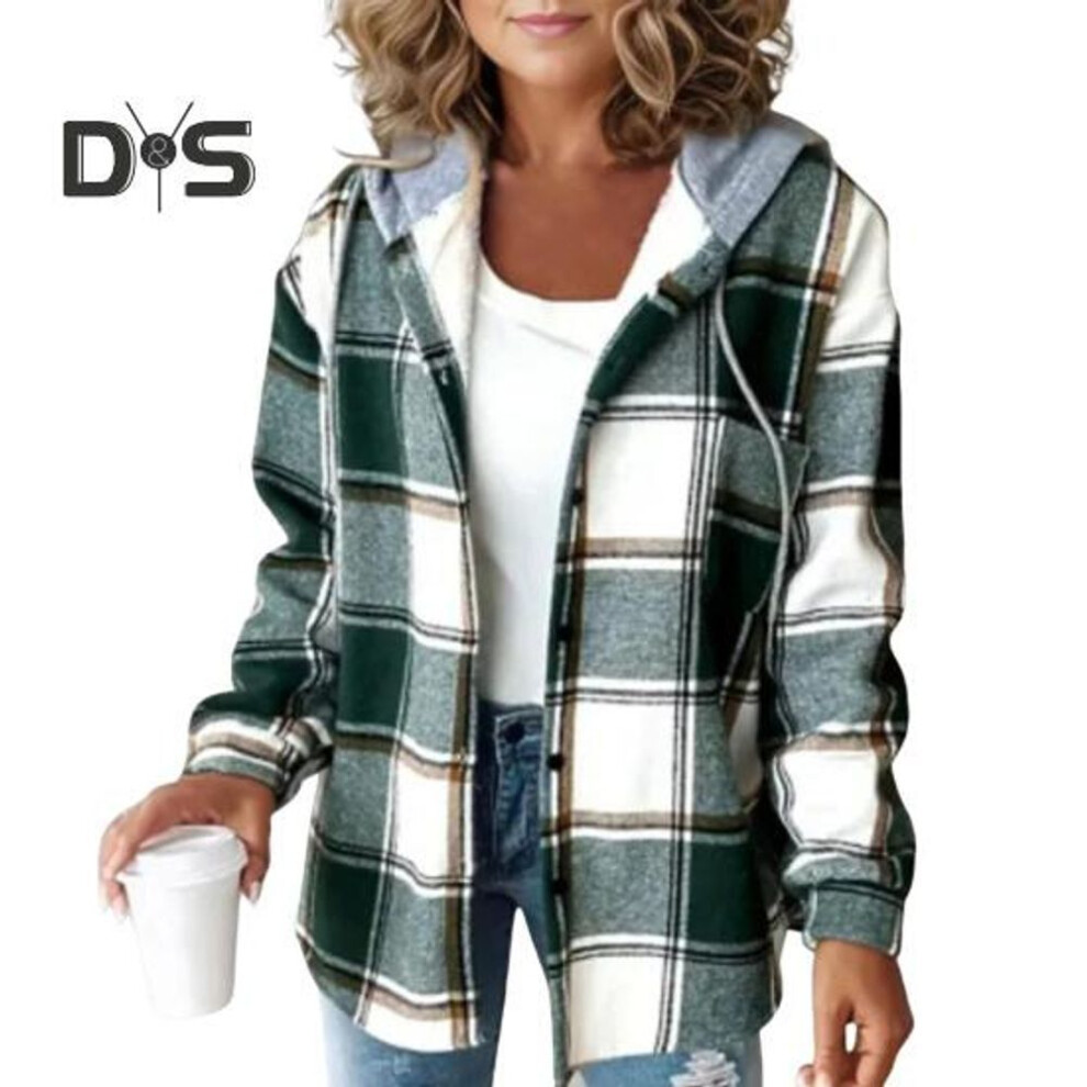 (green, S) Women Fall Winter Coat Drawstring Hoodie Plaid Print Long Sleeves Single-breasted Thick Plush Warm Cardigan Daily Casual Coat