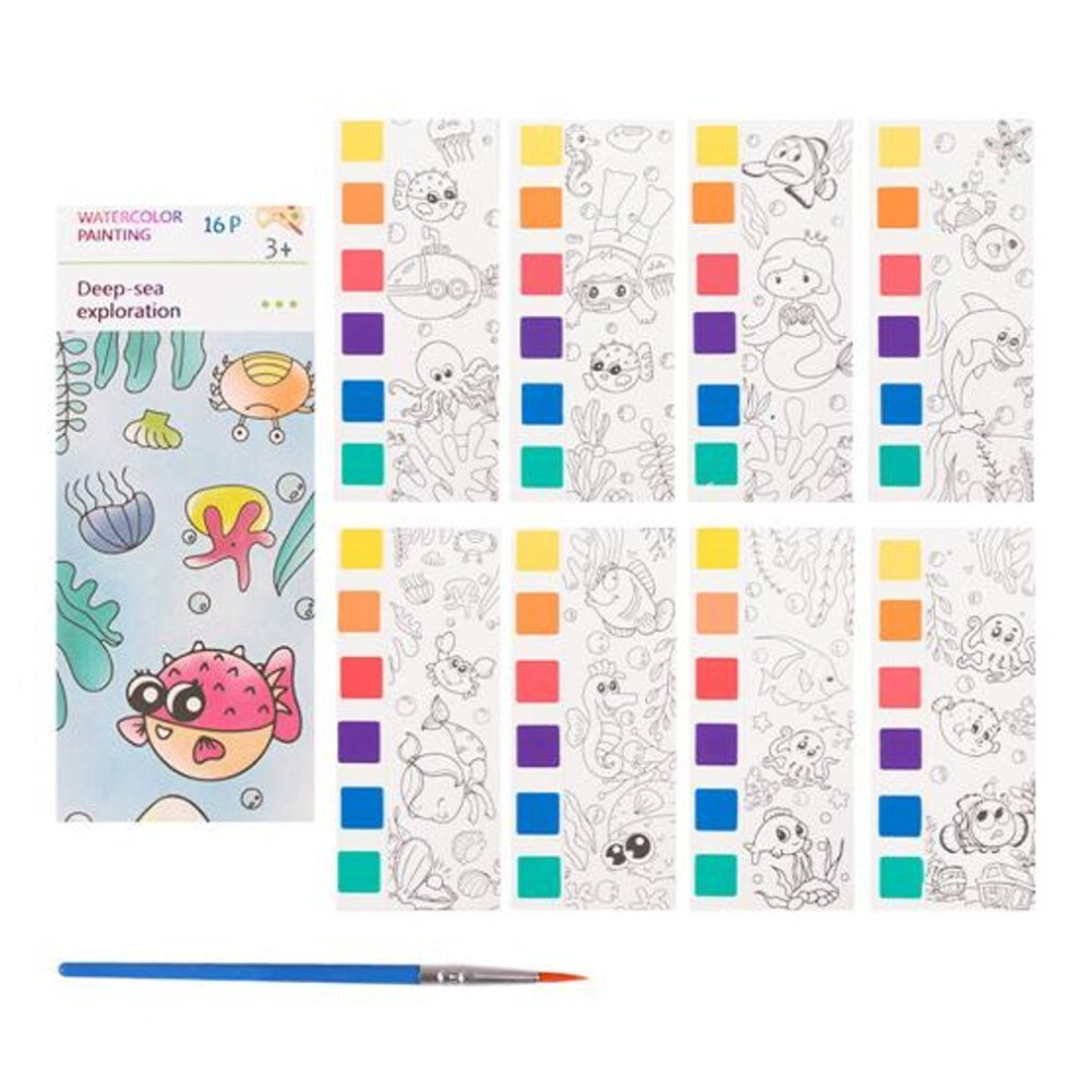 (as the picture, D) Kids Watercolor Coloring Book With 6 Pigments Paintbrush 16 Pages Portable Diy Pocket Watercolor Painting Workbook Toddlers Boys Girls Gift
