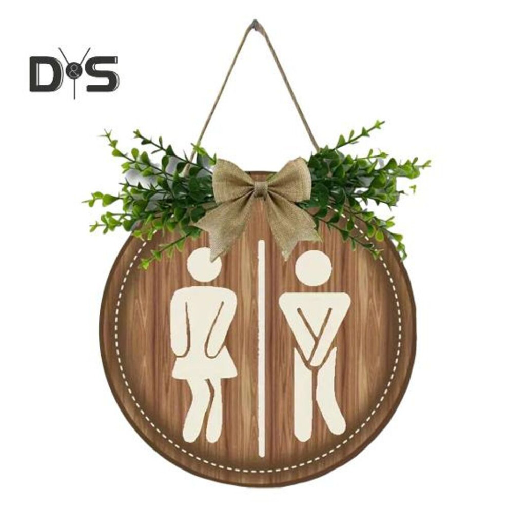 (as the picture, A) Wooden Gender Tag Toilet Laundry Room Sign With Bowknot Rustic Hanging Sign With Faux Green Leaves For Bathroom Laundry Room Decor