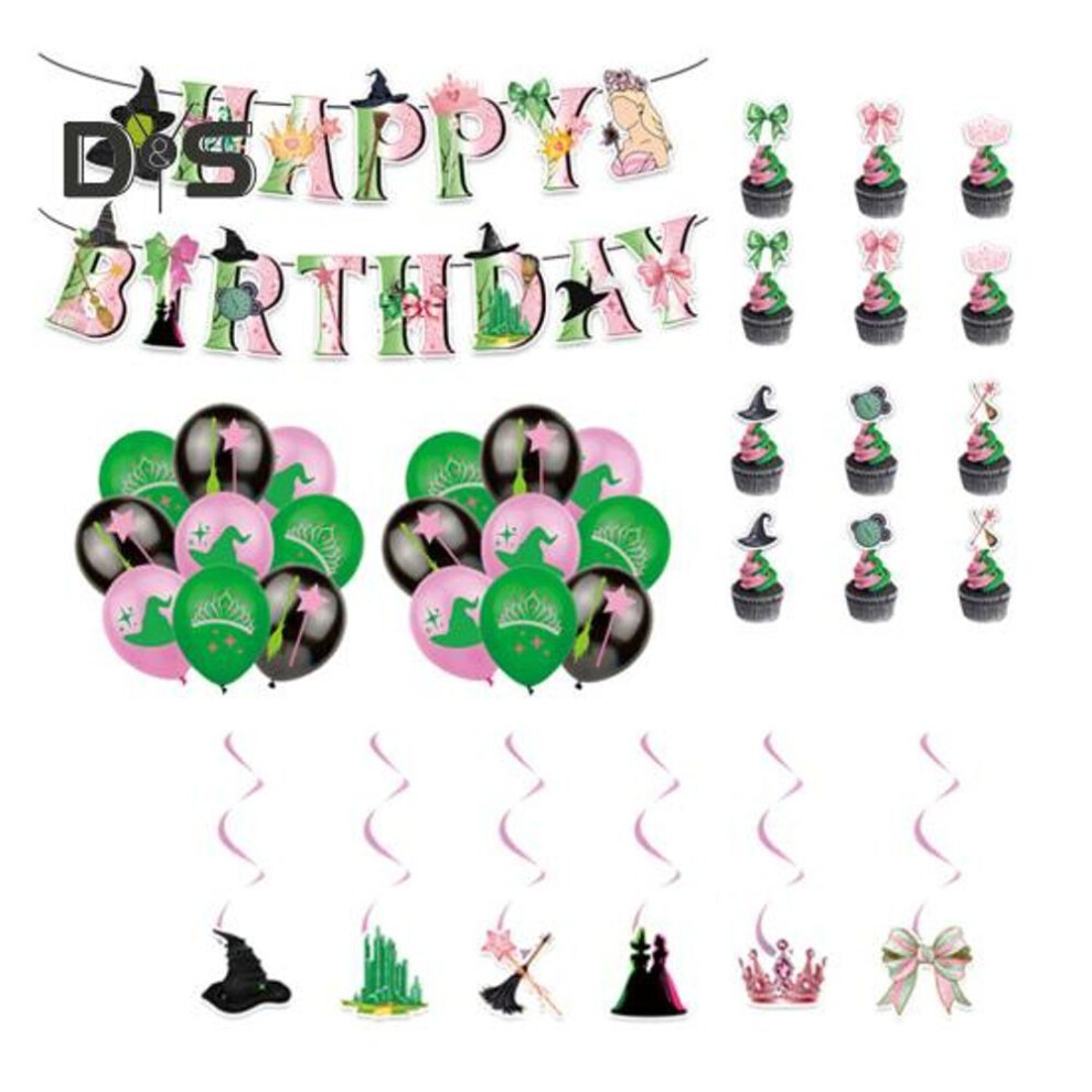 (as the picture, A) Green And Pink Wicked Theme Party Decoration 24 Cake Toppers 18 Balloons 1 Happy Birthday Banner 1 Large Cake Topper Set Birthday Party Supplies