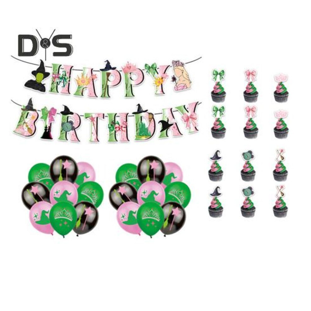 (as the picture, B) Green And Pink Wicked Theme Party Decoration 24 Cake Toppers 18 Balloons 1 Happy Birthday Banner 1 Large Cake Topper Set Birthday Party Supplies