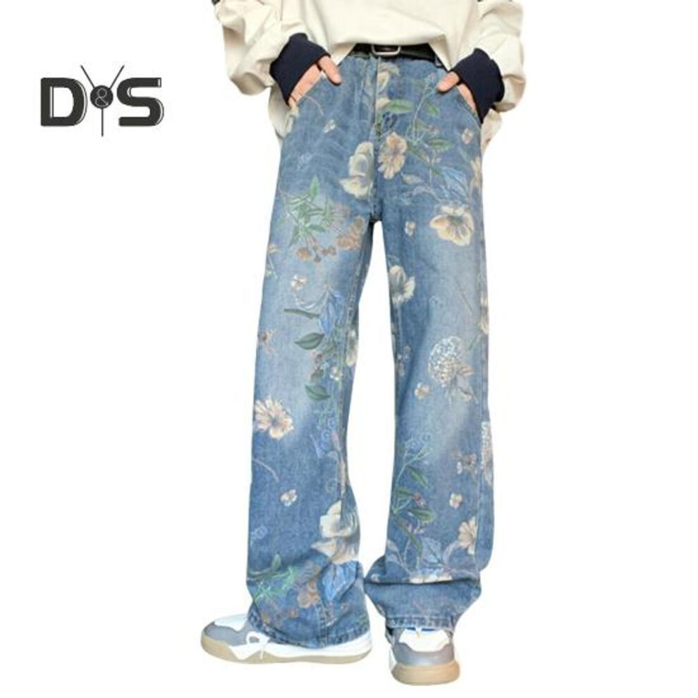 (blue, XXXL) Men Jeans Mid-rise Flower Printed Straight Wide Leg Long Pants with Pockets Zipper Fly Loose Fit Denim Pants