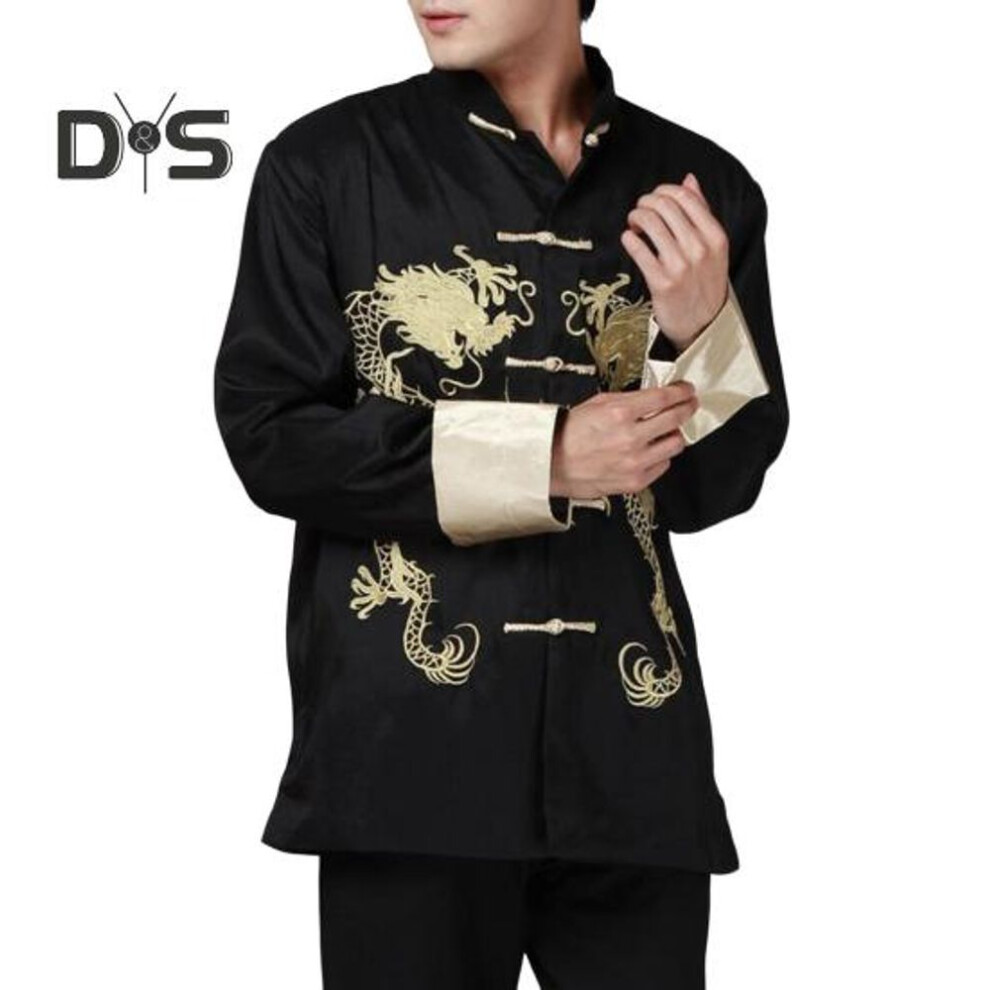 (M, black) Tang Suit Jacket with Two Dragons Retro Chinese Style Long Sleeves Stand-up Collar Coat Traditional Chinese Clothing
