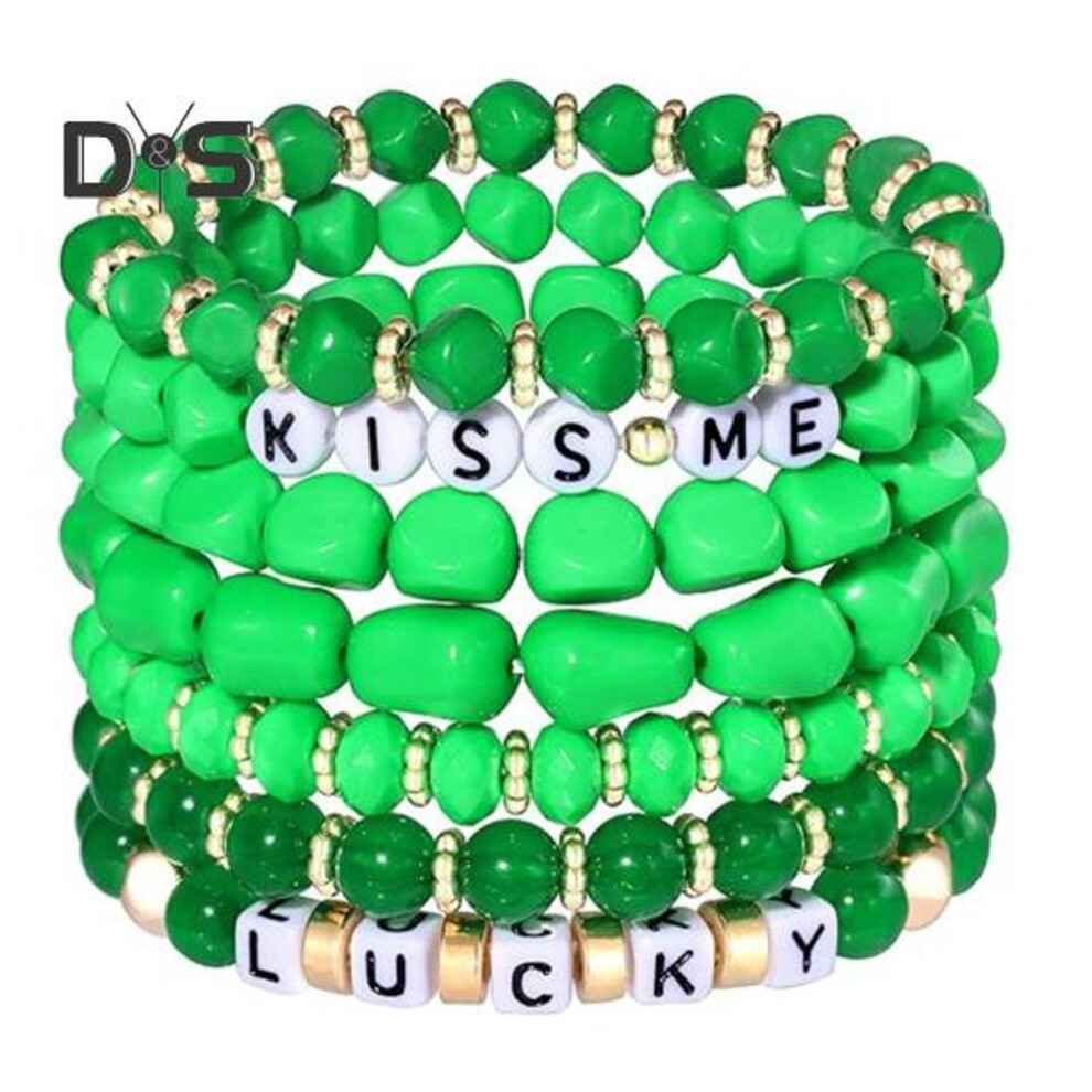 (as the picture, E) 5/6/7/8 Pcs Shamrock Bracelet Set St. Patricks Day Irish Beaded Jewelry With Glass Beads And Charms Lucky Charm Bracelet For Festive Celebrations