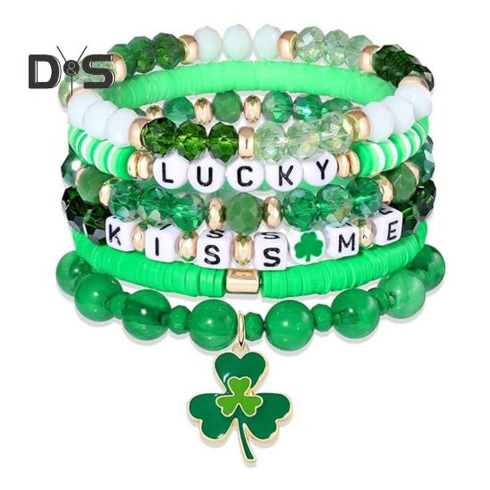 (as the picture, C) 5/6/7/8 Pcs Shamrock Bracelet Set St. Patricks Day Irish Beaded Jewelry With Glass Beads And Charms Lucky Charm Bracelet For Festive Celebrations
