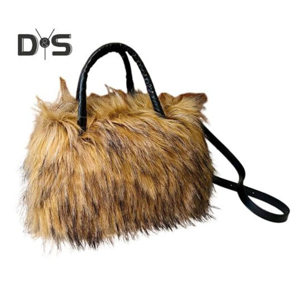 (brown) Women Shoulder Bag Fuzzy Faux Fur with Handle And Shoulder Strap Large Capacity Zipper Closure Handbag for Daily Use Travel And Parties