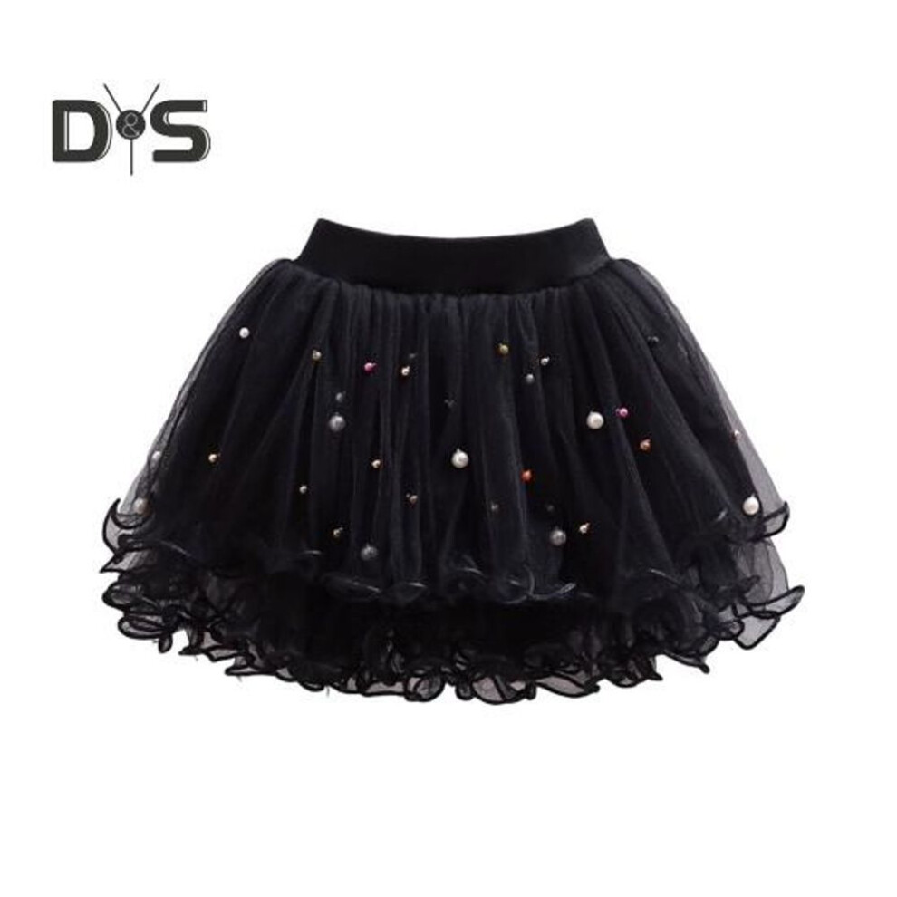 (black, 100cm) Kids Skirt Elastic Waist Mid-rise Solid Color Beaded Tutu Skirt Sweet Style Multi-layered Mesh Yarn Puffy Skirt