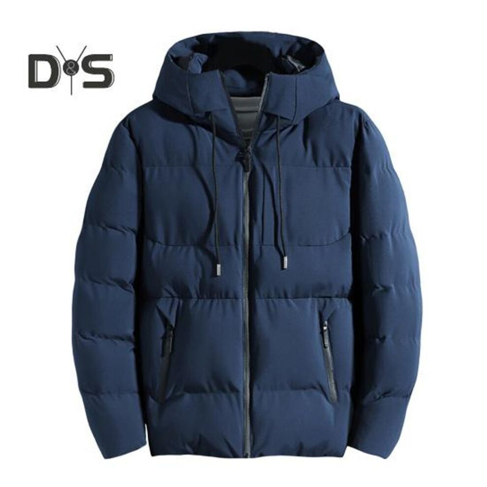 (blue, L) Men Cotton Coat Stand Collar Drawstring Long Sleeve Quilted Jacket With Pockets Zipper Placket Solid Color Thickened Warm Outerwear