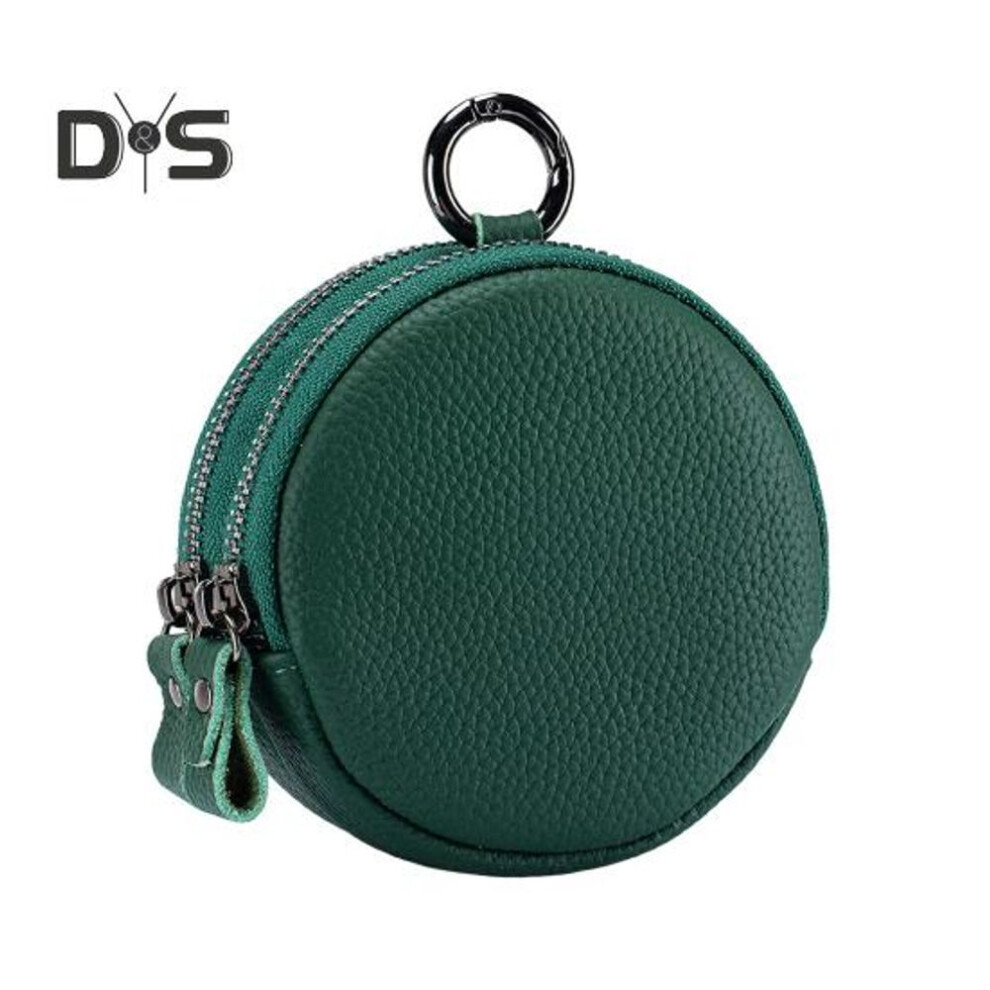 (green) Coin Purse Dual Zipper Closure Round Shape Compact Portable Wallet Faux Leather Earphone Bag Waterproof Jewelry Organizer