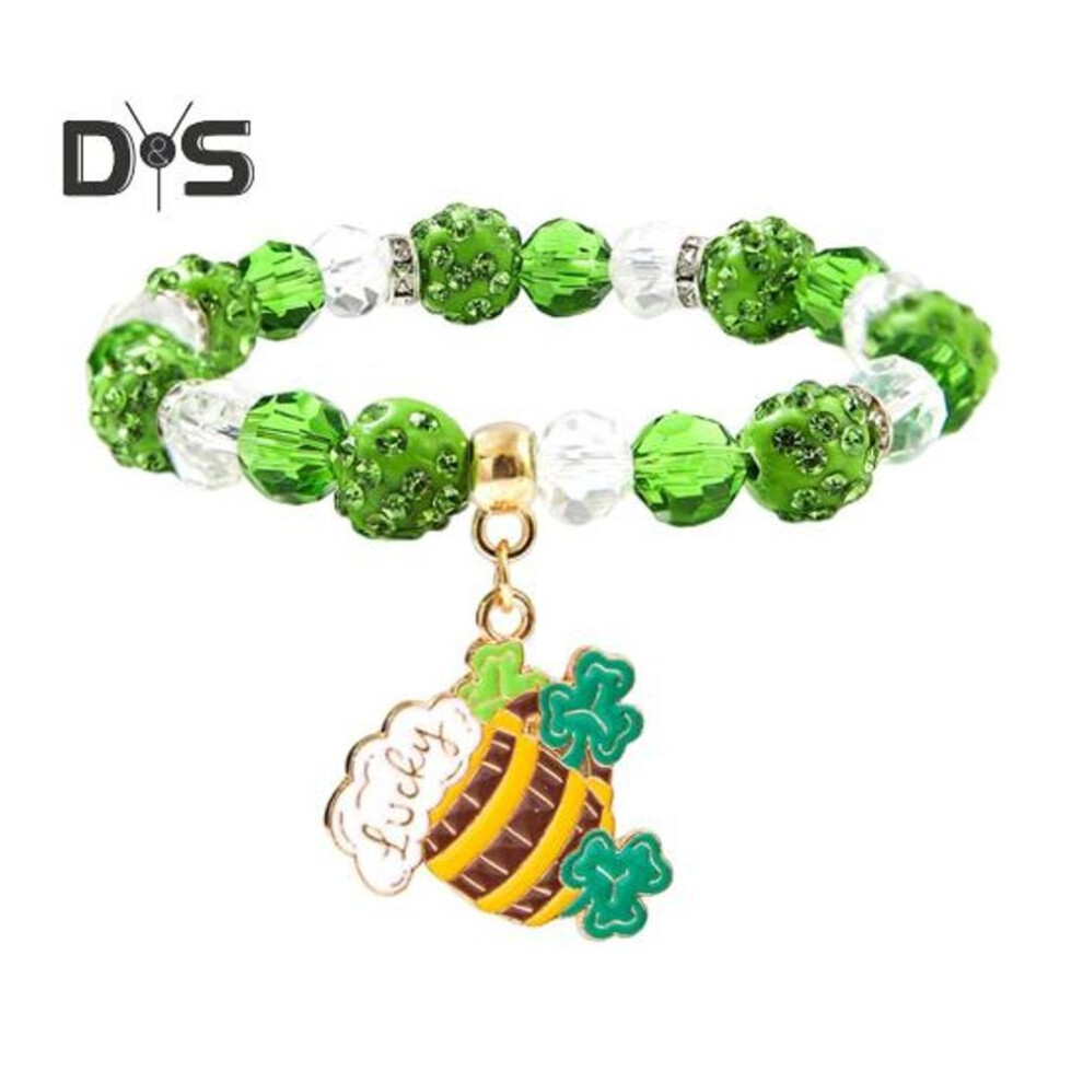 (as the picture, C) Shamrock Bracelet St. Patricks Day Irish Beaded Jewelry With Glass Beads And Charms Lucky Charm Bracelet For Festive Celebrations Elastic Clover
