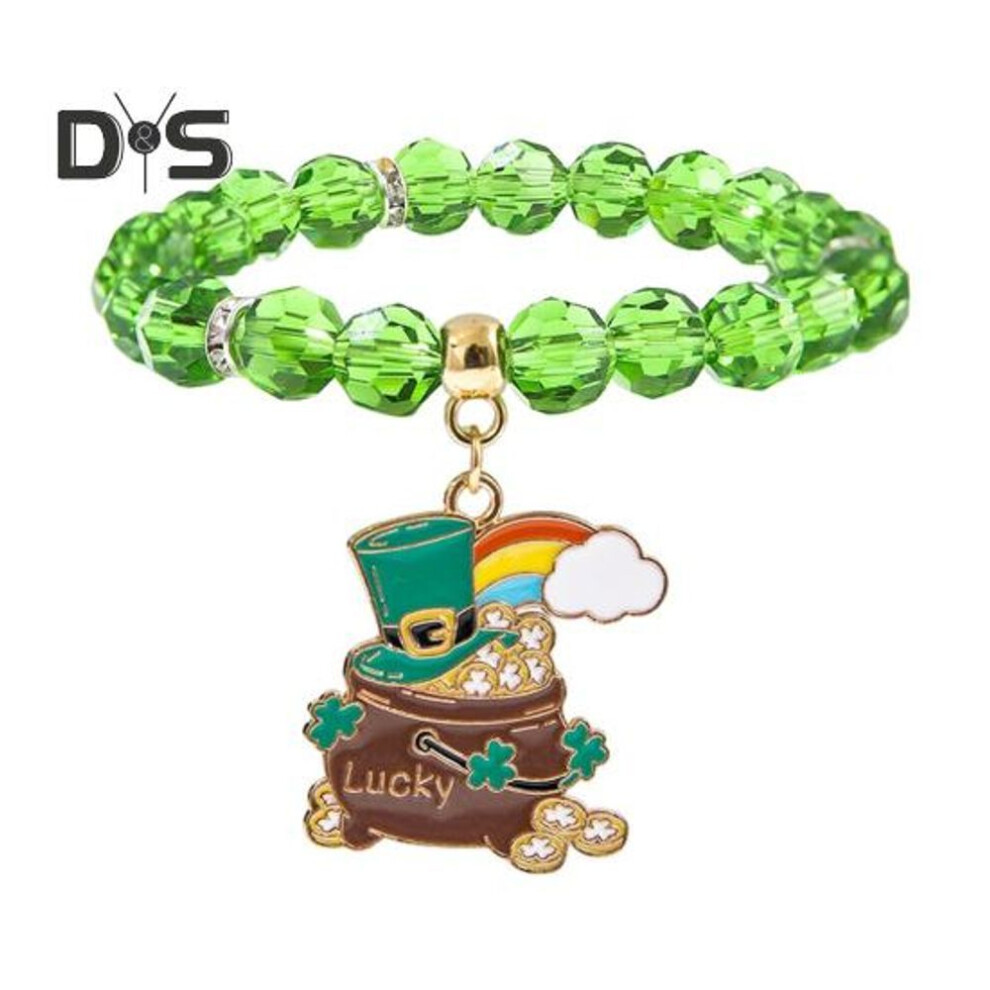 (as the picture, D) Shamrock Bracelet St. Patricks Day Irish Beaded Jewelry with Glass Beads And Charms Lucky Charm Bracelet for Festive Celebrations Elastic Clover