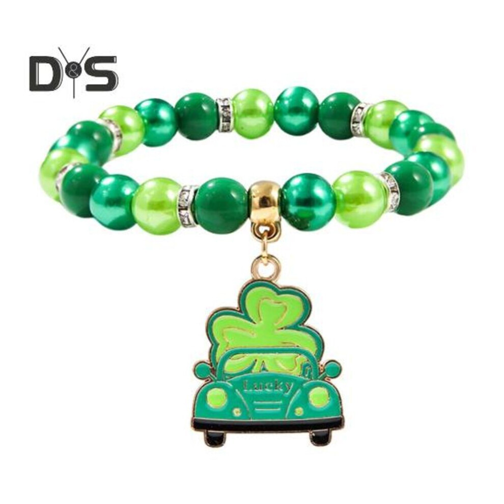 (as the picture, B) Shamrock Bracelet St. Patricks Day Irish Beaded Jewelry With Glass Beads And Charms Lucky Charm Bracelet For Festive Celebrations Elastic Clover