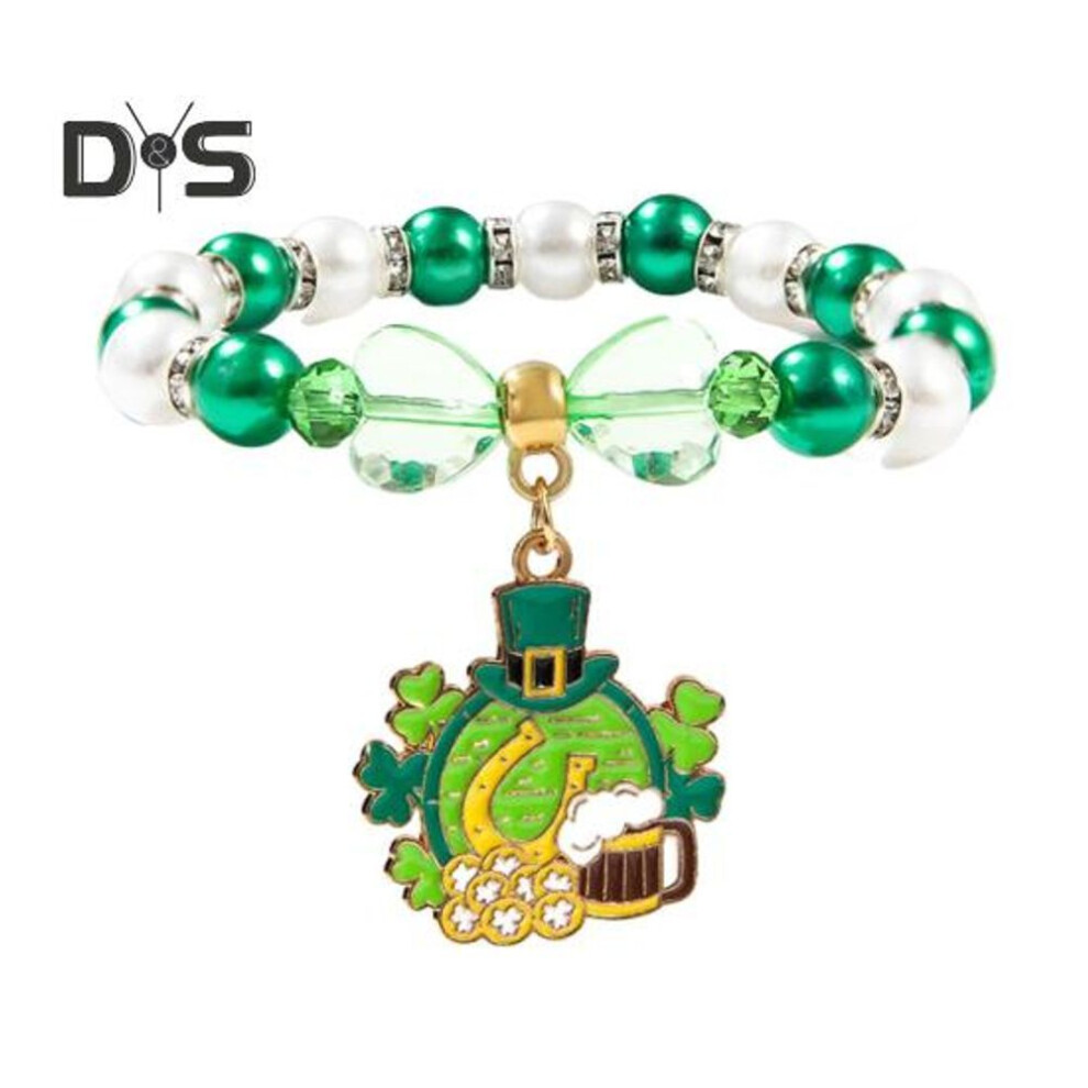 (as the picture, E) Shamrock Bracelet St. Patricks Day Irish Beaded Jewelry With Glass Beads And Charms Lucky Charm Bracelet For Festive Celebrations Elastic Clover