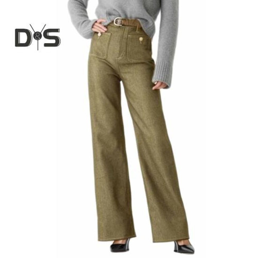 (green, L) Women Winter Jeans High Waist Button Zipper Closure Plus Size Loose Fit Pockets Straight Wide Leg Streetwear Pants Daily Wear Long Trousers