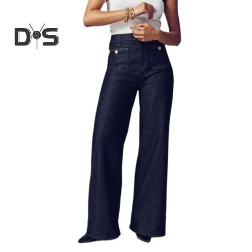 (navy blue, S) Women Winter Jeans High Waist Button Zipper Closure Plus Size Loose Fit Pockets Straight Wide Leg Streetwear Pants Daily Wear Long Trousers