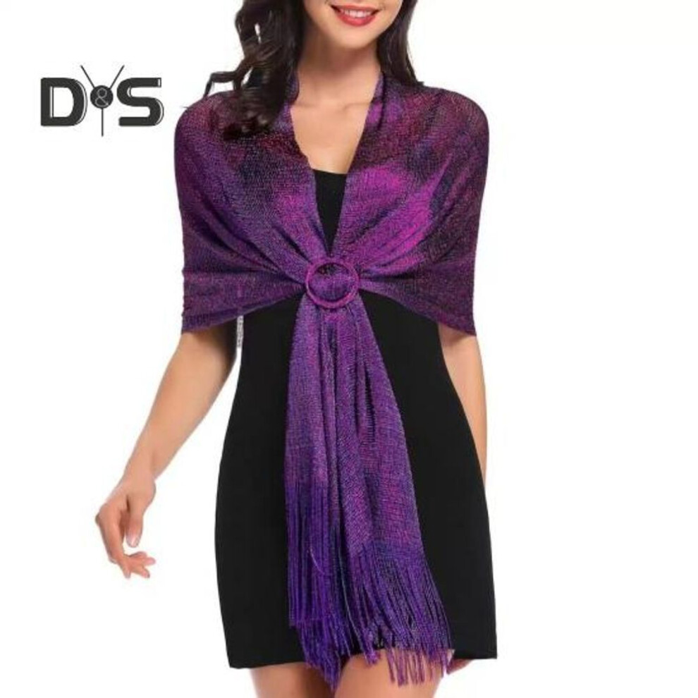 (purple) Women Sparkling Shawl Metallic Wire Bridesmaid Scarves Wraps With Scarf Button Wedding Party Accessories