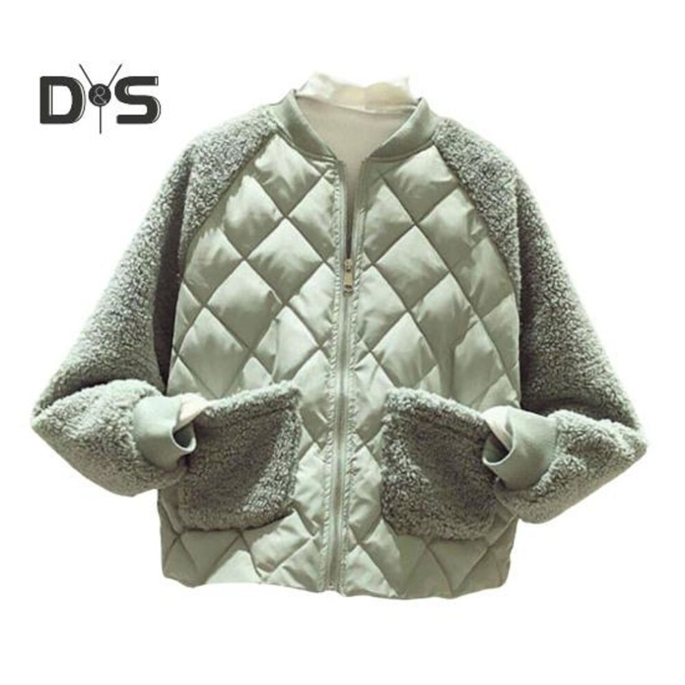 (green, 3XL) Women Winter Coat with Dual Pockets Fleece Patchwork Padded Thick Round Neck Long Sleeves Zipper Closure Jacket Warm Outdoor Outerwear