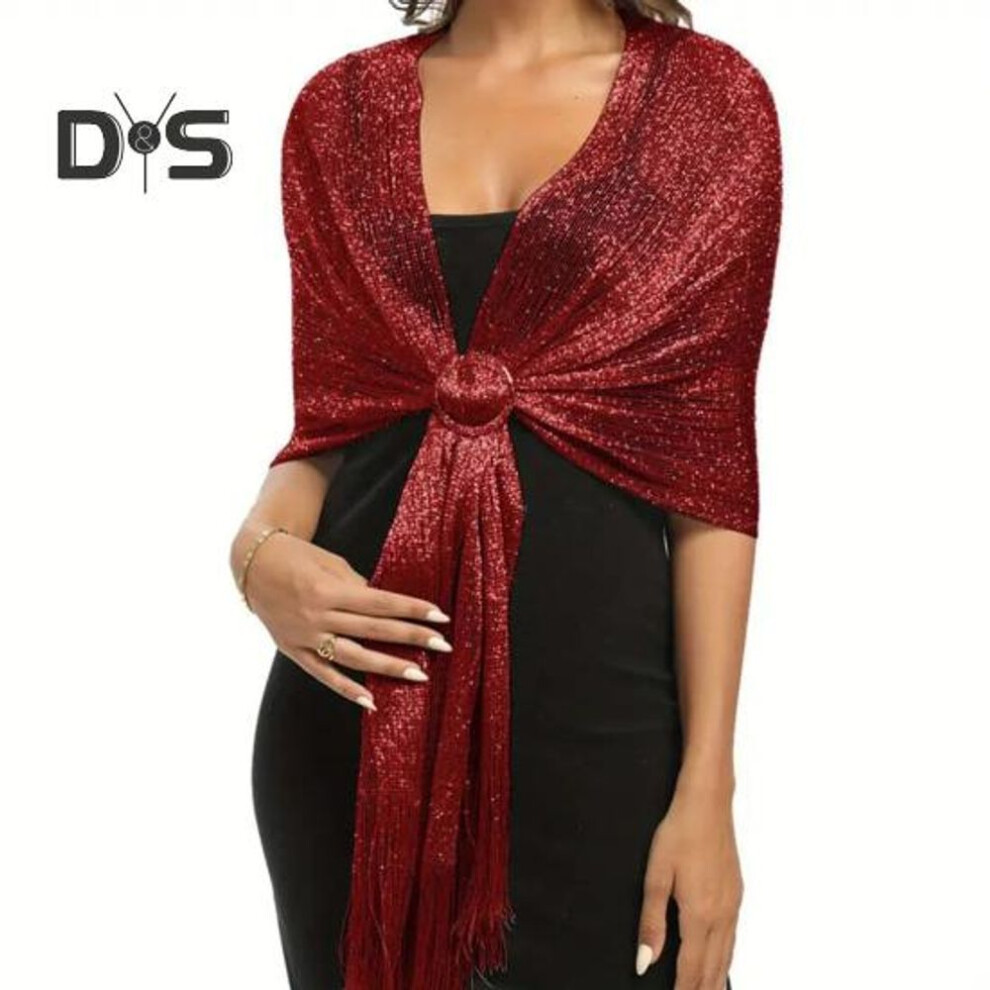 (wine red) Women Sparkling Shawl Metallic Wire Bridesmaid Scarves Wraps with Scarf Button Wedding Party Accessories