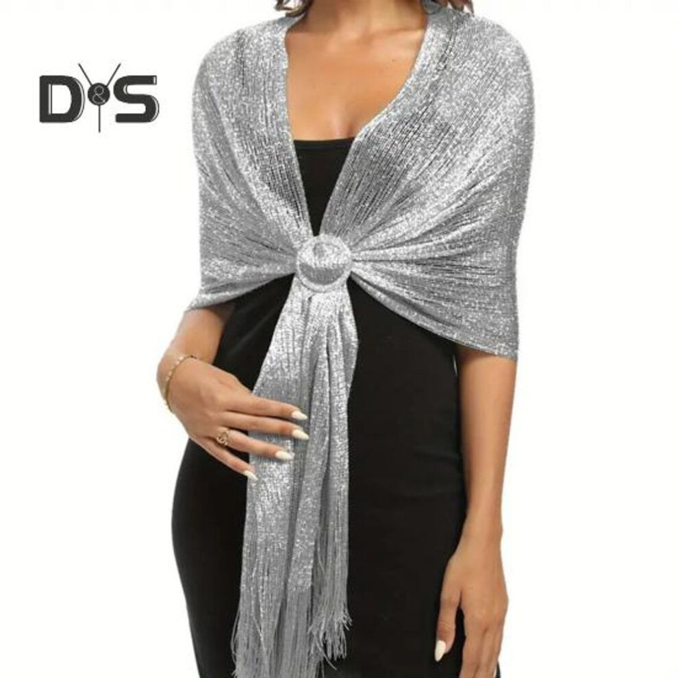 (silver) Women Sparkling Shawl Metallic Wire Bridesmaid Scarves Wraps with Scarf Button Wedding Party Accessories