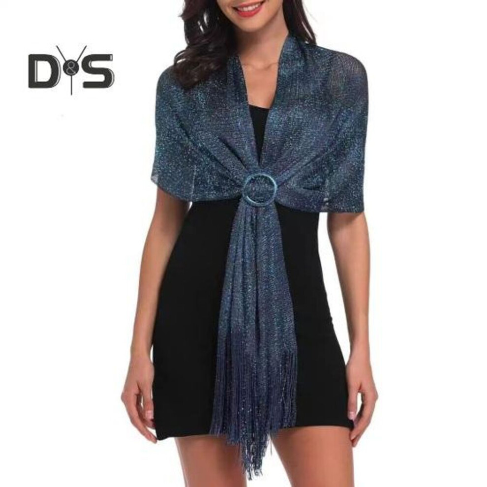 (dark blue) Women Sparkling Shawl Metallic Wire Bridesmaid Scarves Wraps With Scarf Button Wedding Party Accessories