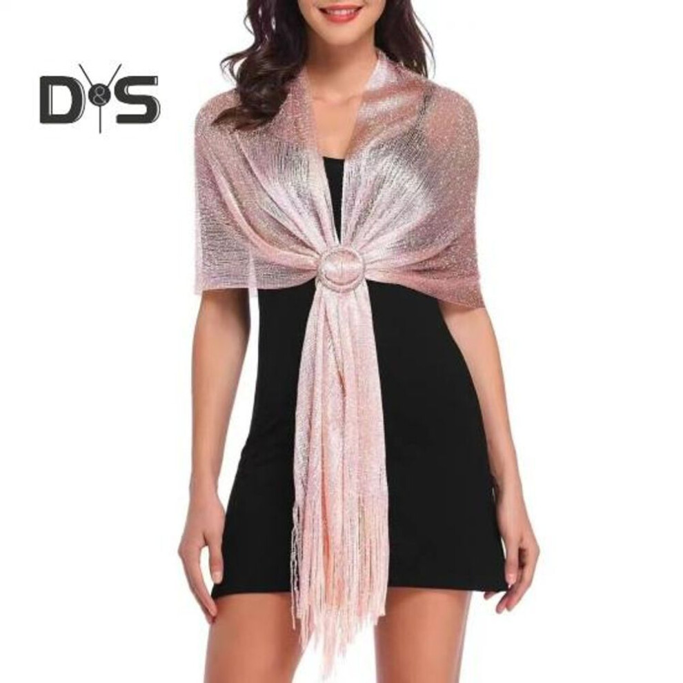 (pink) Women Sparkling Shawl Metallic Wire Bridesmaid Scarves Wraps With Scarf Button Wedding Party Accessories