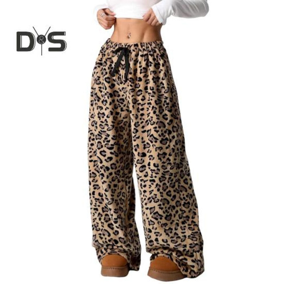 (as the picture, M) Women Casual Trousers Elastic Waistband Drawstring Tie Pajama Bottoms Leopard Print Wide Leg Lounge Pants