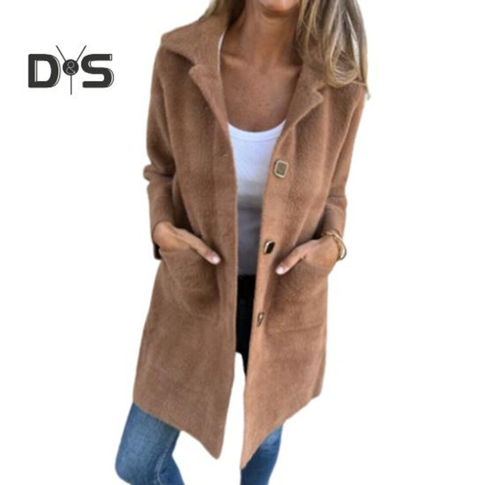 (camel, 2XL) Women Winter Coat Double-sided Plush Single-breasted Mid Length Loose Jacket with Pockets Hooded Thick Warm Outerwear for Commuting Hiking School