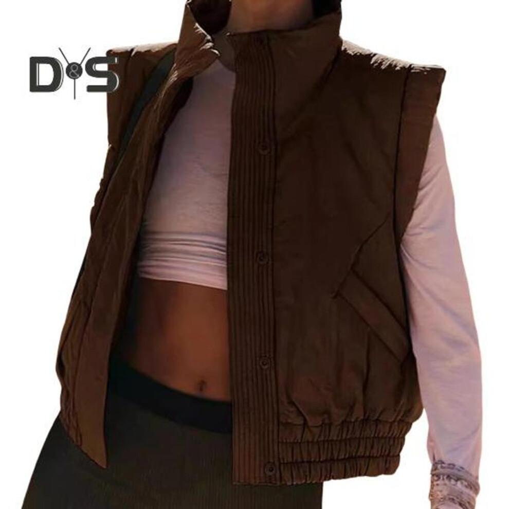 (brown, S) Women Winter Vest Coat With Pockets Stretchy Hem Stand Collar Padded Waistcoat Single-breasted Pure Color Short Jacket For Daily Wear Outdoor