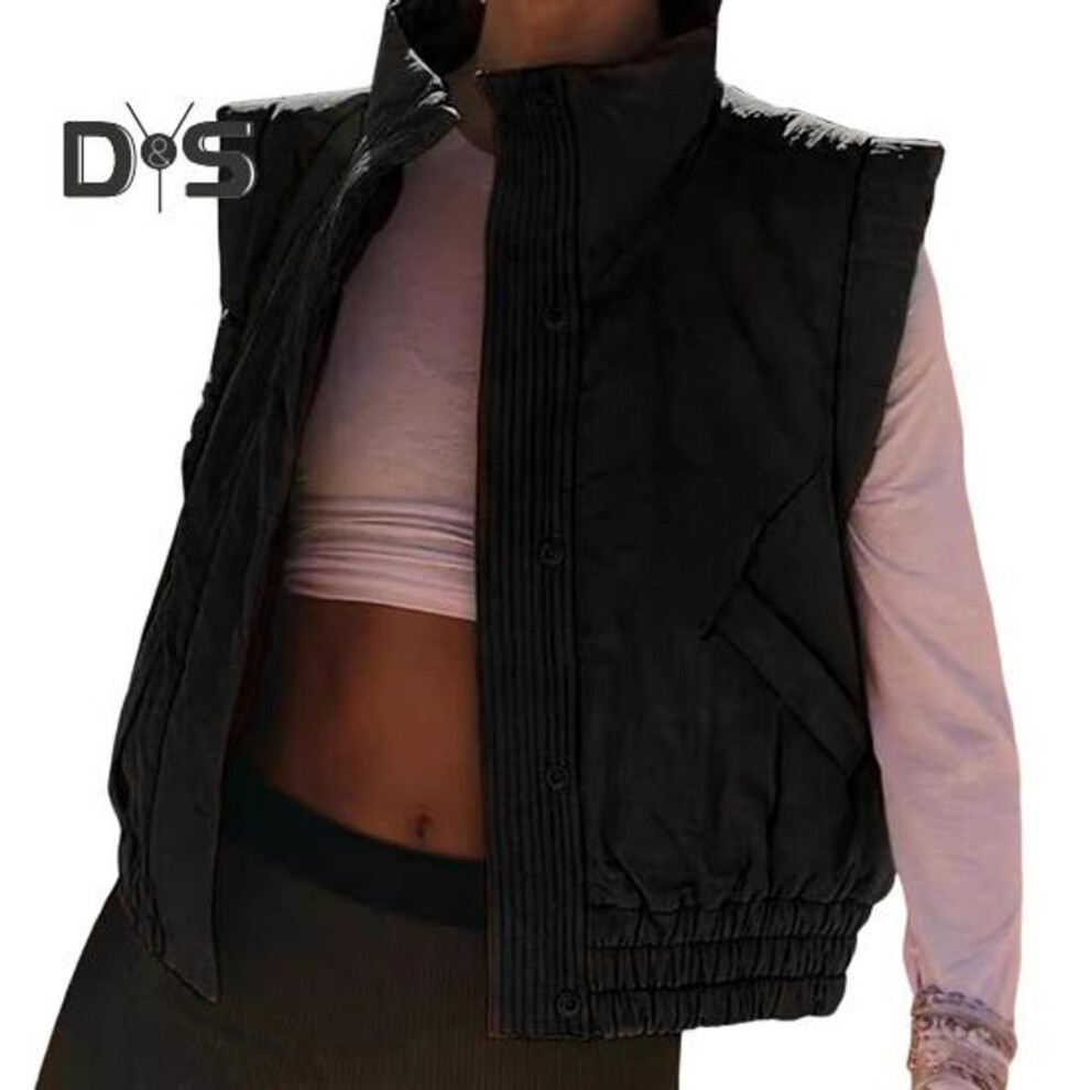 (black, S) Women Winter Vest Coat With Pockets Stretchy Hem Stand Collar Padded Waistcoat Single-breasted Pure Color Short Jacket For Daily Wear Outdoor