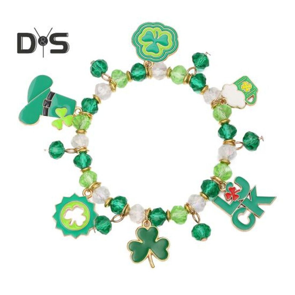 (as the picture, A) Shamrock Bracelet St. Patricks Day Irish Beaded Jewelry With Glass Beads And Charms Lucky Charm Bracelet For Festive Celebrations Elastic Clover