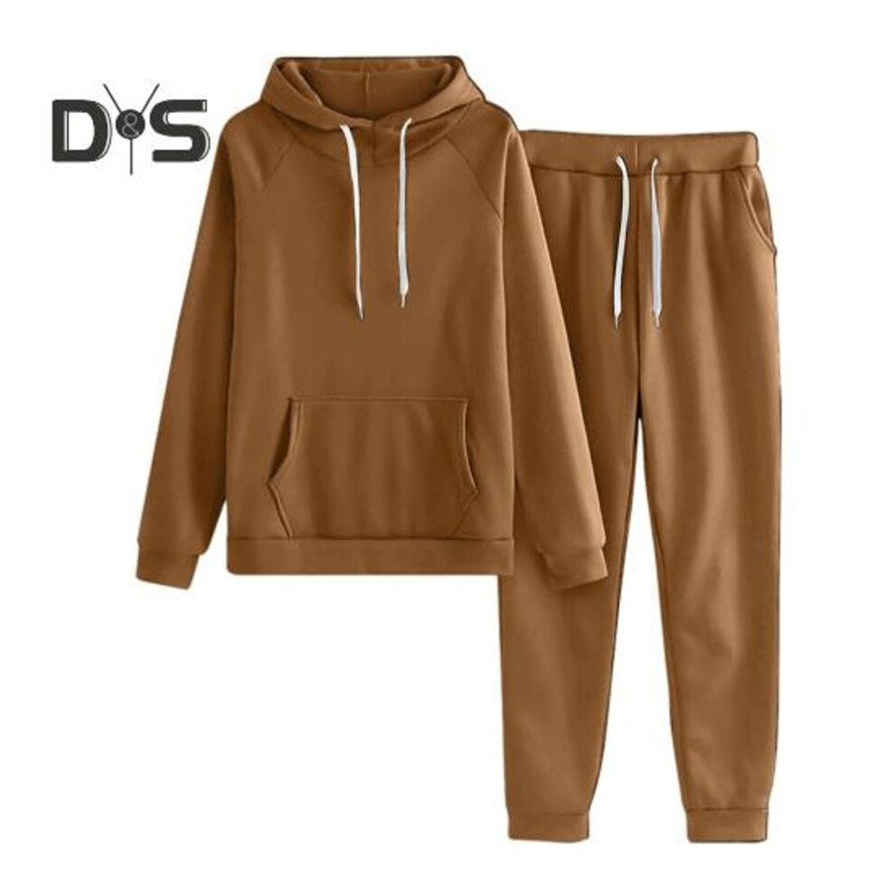 (light brown, XXXL) 2 Pcs/set Women Hoodie Pants Suit Solid Color Plush Long Sleeves Thick Top Elastic Waist Ankle-banded Trousers Sport Fitness Outfit Fall Winter