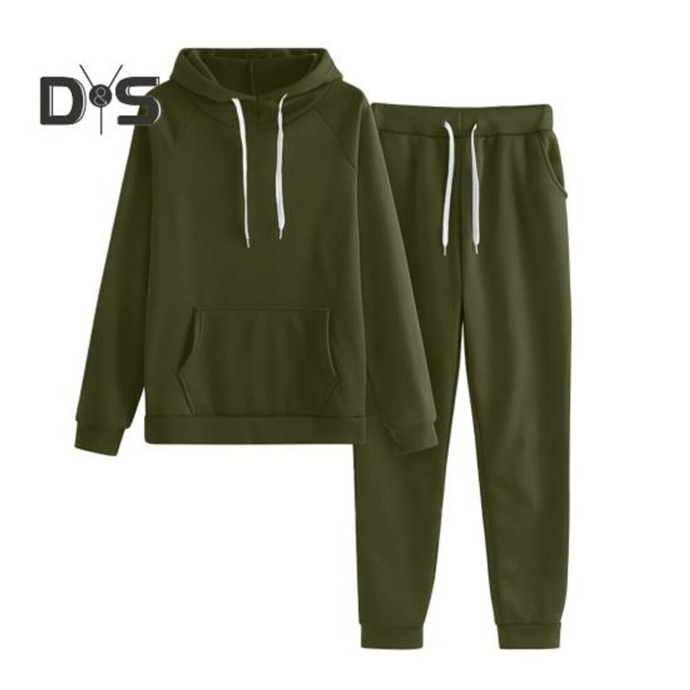 (army green, XL) 2 Pcs/Set Women Hoodie Pants Suit Solid Color Plush Long Sleeves Thick Top Elastic Waist Ankle-banded Trousers Sport Fitness Outfit Fall Winter