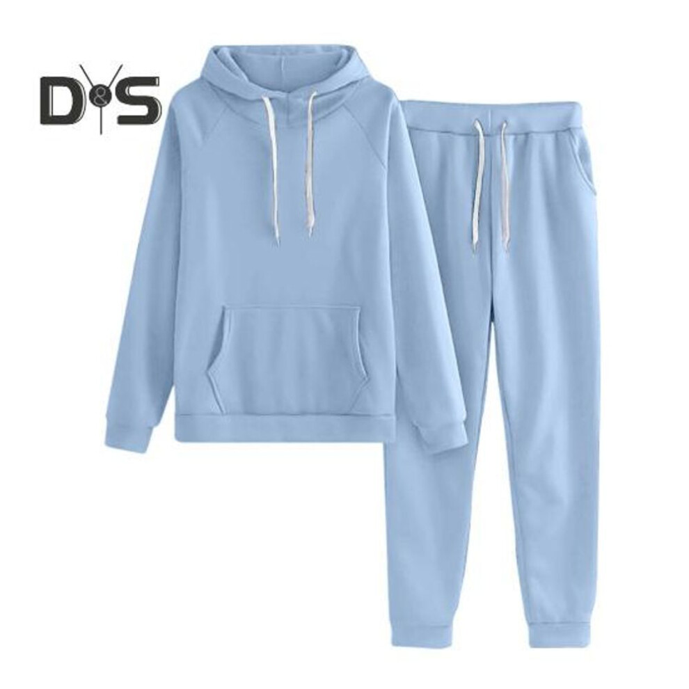 (sky blue, L) 2 Pcs/Set Women Hoodie Pants Suit Solid Color Plush Long Sleeves Thick Top Elastic Waist Ankle-banded Trousers Sport Fitness Outfit Fall Winter