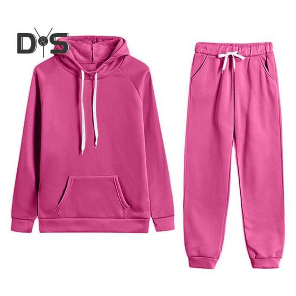 (rose red, L) 2 Pcs/Set Women Hoodie Pants Suit Solid Color Plush Long Sleeves Thick Top Elastic Waist Ankle-banded Trousers Sport Fitness Outfit Fall Winter