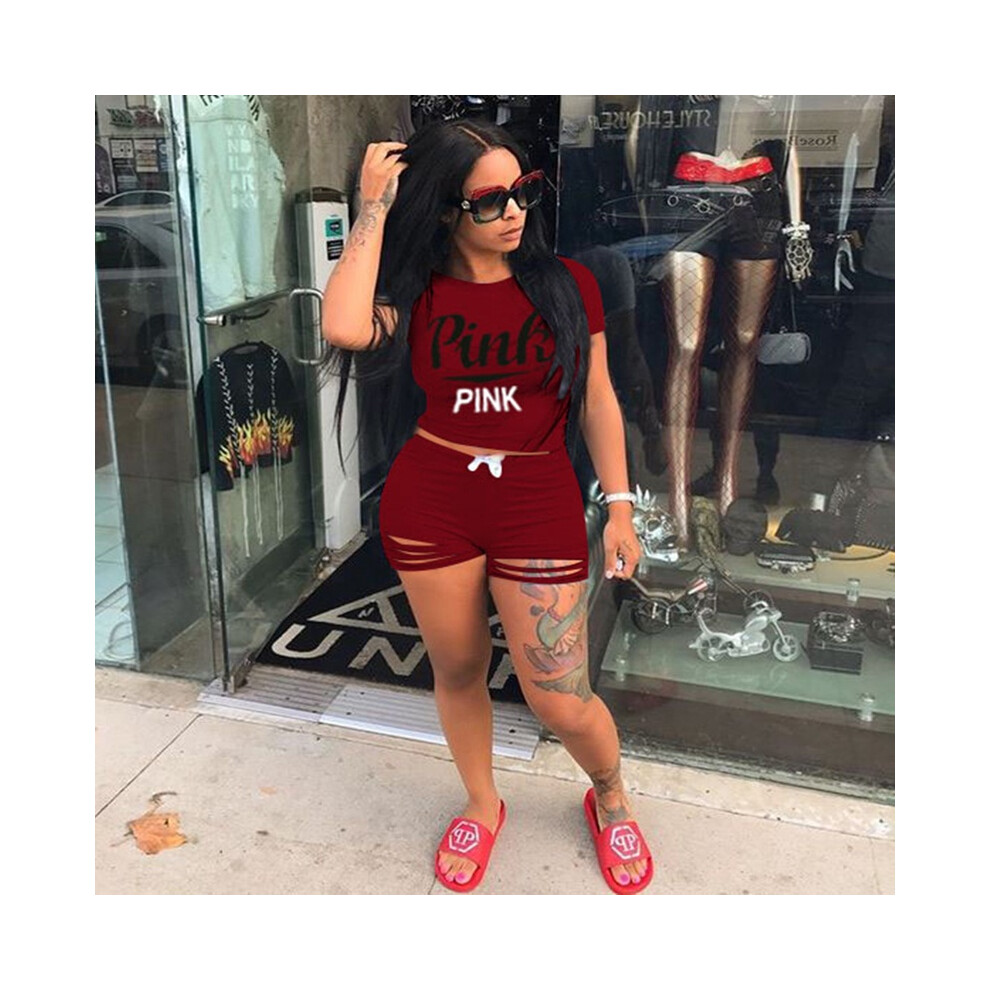 (Red, Tag XL=US M) Women Letter Print Baseball Sportswear Jumpsuit Romperstassels Pants 2pcs Short-image-OPC-PH6FJ5S-NEW